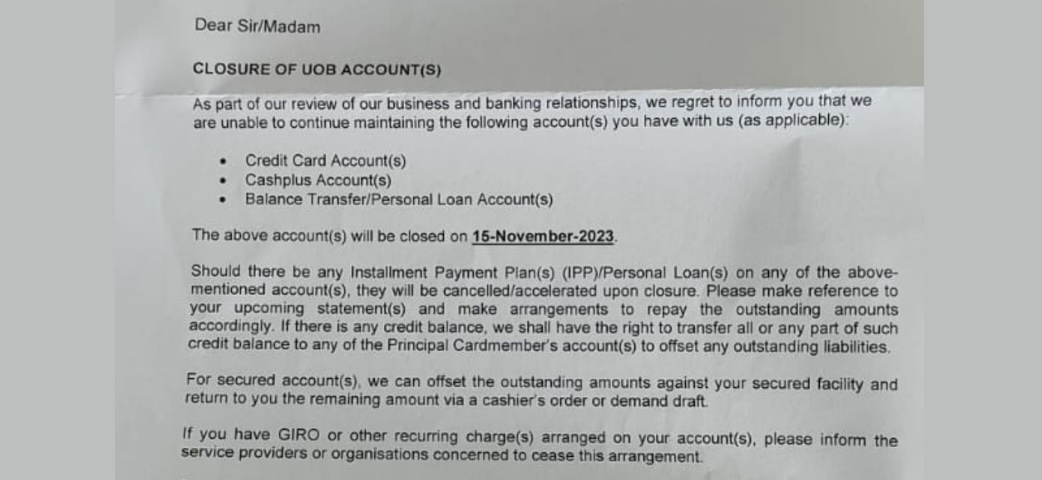 Woman shocked after getting letter that says UOB will close her accounts